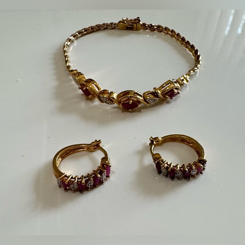Elegant Sterling Silver, Gold Plated Ruby and Crystal Bracelet and Earrings Set